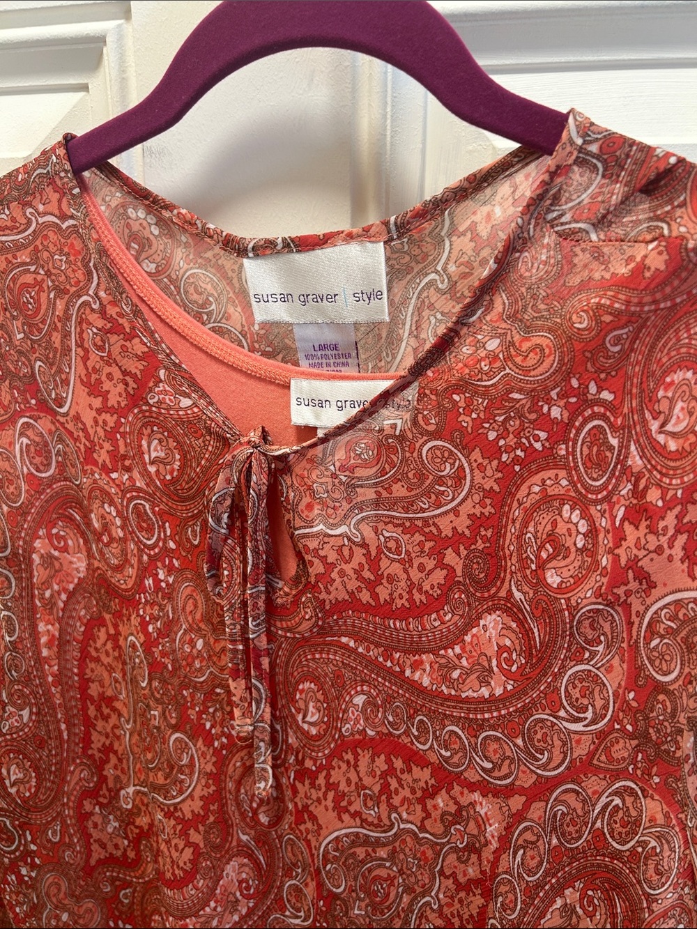 Susan Graver Coral-Red Paisley Tie-Neck Blouse with matching tank